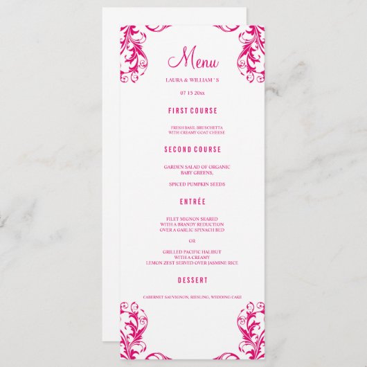 Le menu de dîner de mariage carde la damassé (Devant / Derrière)