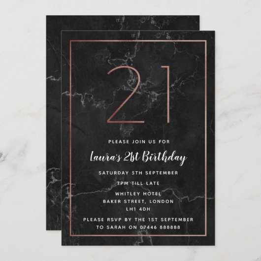 Le noir et l'or rose ont marbré des invitations de (Devant / Derrière)