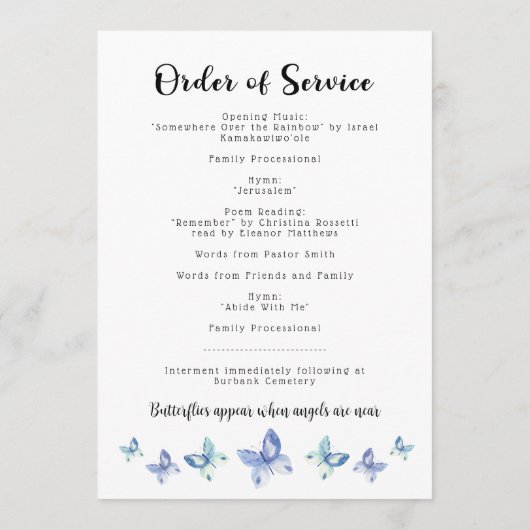 Le papillon célèbre la vie du programme funéraire (Dos)