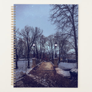 Le parc de la ville enneigé en hiver le soir