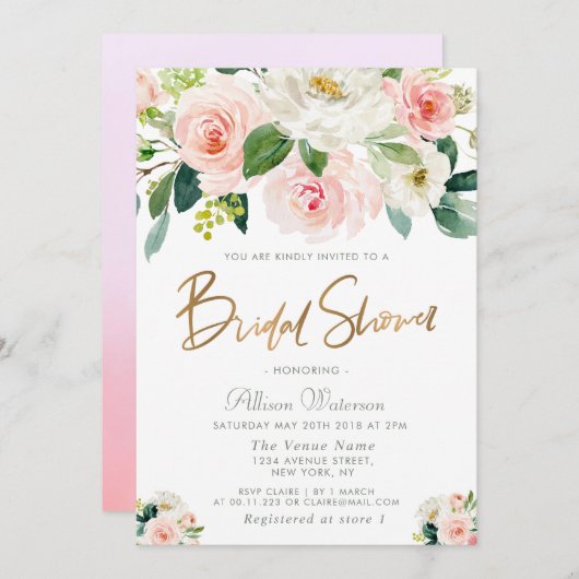 le rose rougissent invitation nuptiale florale de (Devant / Derrière)