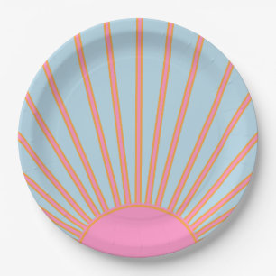 Le Soleil 02 Retro Zon Roze En Blauw Zonneschijn Papieren Bordje
