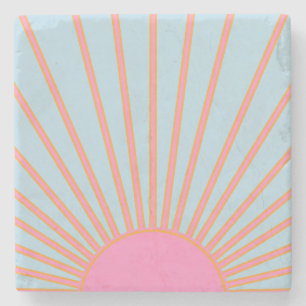 Le Soleil 02 Retro Zon Roze En Blauw Zonneschijn Stenen Onderzetter