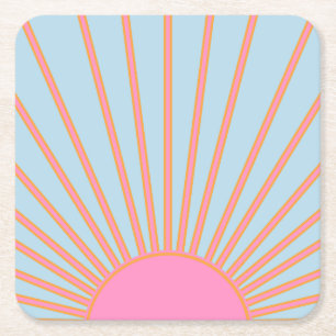 Le Soleil 02 Retro Zon Roze En Blauw Zonneschijn Vierkante Kartonnen Onderzetter