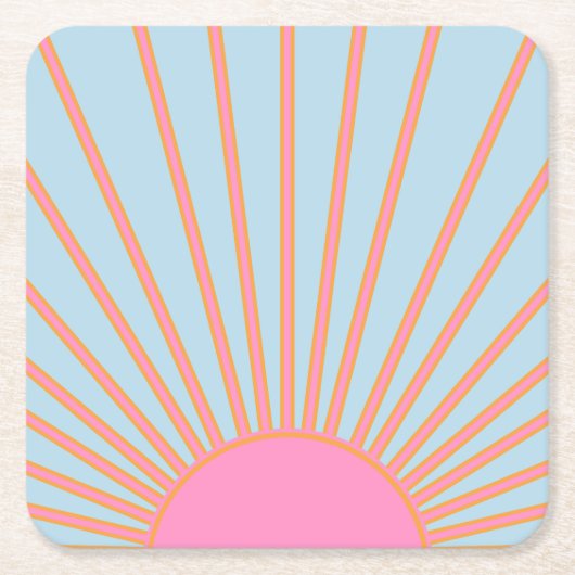 Le Soleil 02 Retro Zon Roze En Blauw Zonneschijn Vierkante Kartonnen Onderzetter (Voorkant)
