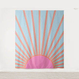 Le Soleil 02 Retro Zon Roze En Blauw Zonneschijn Wandkleed