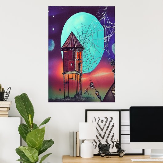 Le village et la lune bleue | AI Art Poster (Bureau à domicile)