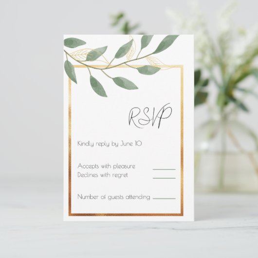 Leaf and Bronze Border, minimalistisch RSVP Kaartje (Staand voorkant)