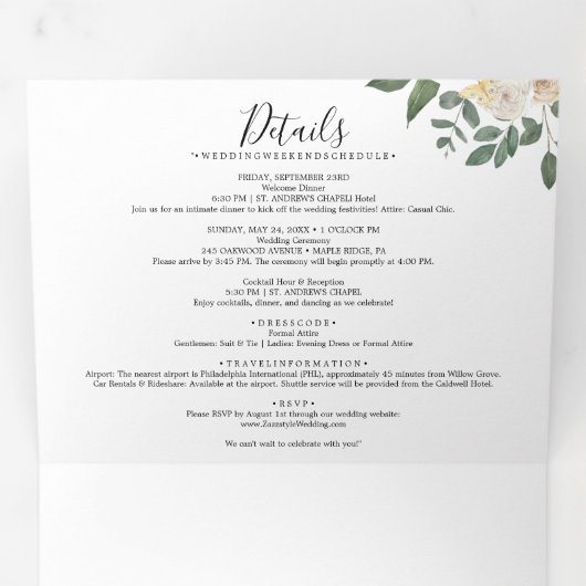 Leaf Back Wedding All-in-One Drievoudige Uitnodigi Drieluik Wenskaart (Binnenzijde eerst)