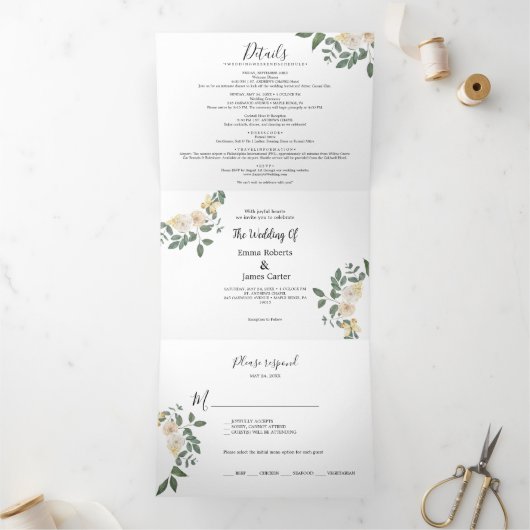Leaf Back Wedding All-in-One Drievoudige Uitnodigi Drieluik Wenskaart (Binnen)