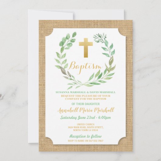 Leaf Burlap Green Baptism Christening Natural Kaart (Voorkant)