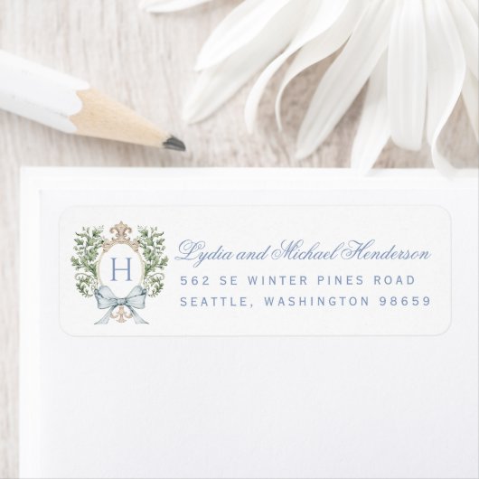 Leaf Crest Script Bruiloft Retouradres Etiket (Insitu)
