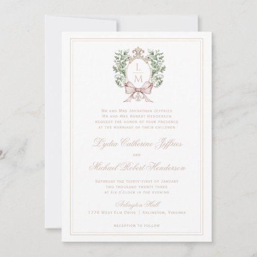 Leaf Crest w/ Bow Tan Text | Monogram bruiloft Kaart (Voorkant)