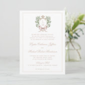 Leaf Crest w/ Bow Tan Text | Monogram bruiloft Kaart (Staand voorkant)