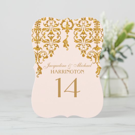 Leaf Damask Art Nouveau Glitter Table Number Kaart (Staand voorkant)