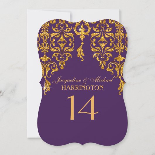 Leaf Damask Art Nouveau Glitter Table Number Kaart (Achterkant)