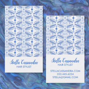 Leaf Feather Blue White Modern Tegel Pattern Visitekaartje