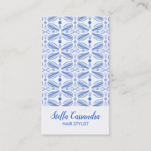 Leaf Feather Blue White Modern Tegel Pattern Visitekaartje (Voorkant)