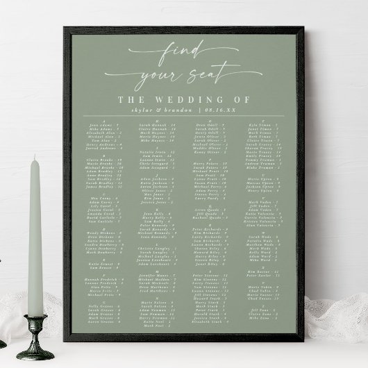 Leaf Green Alfabetical Wedding Seding Chart Poster