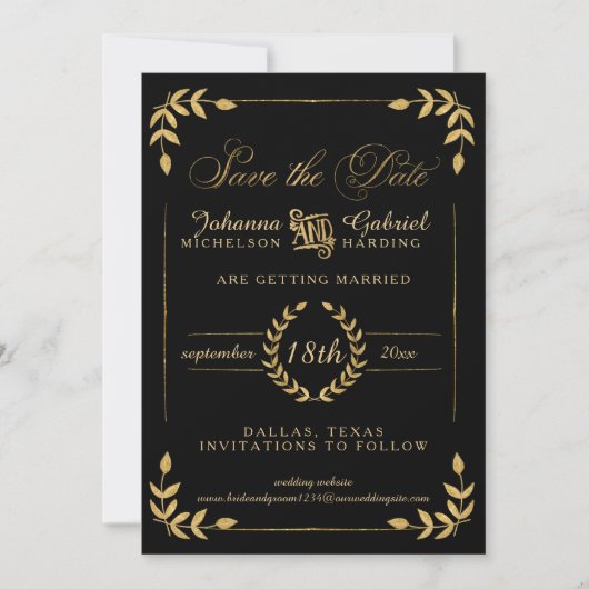 Leaf Greenery Gold Black Save the Date Photo (Voorkant)
