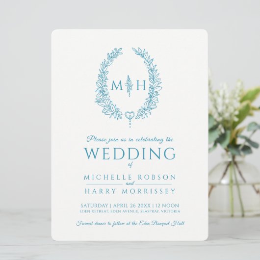 Leaf oval line art bruiloft aqua blauwgroen en wit kaart (Staand voorkant)