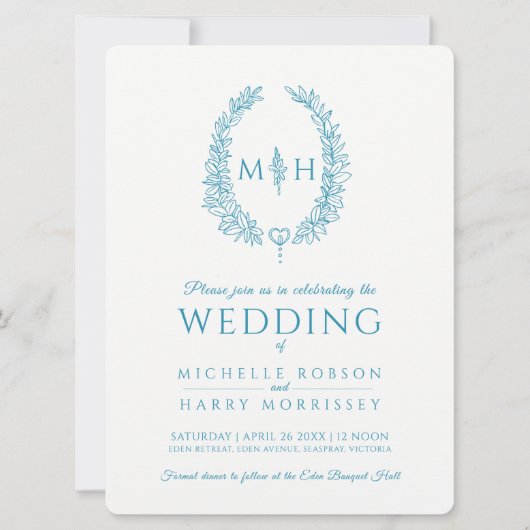 Leaf oval line art bruiloft aqua blauwgroen en wit kaart (Voorkant)