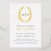 Leaf oval line art bruiloft blauw goud goudwit folie uitnodiging (Voorkant)