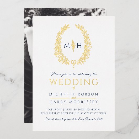 Leaf oval line art bruiloft blauw goud goudwit folie uitnodiging (Voorkant / Achterkant)