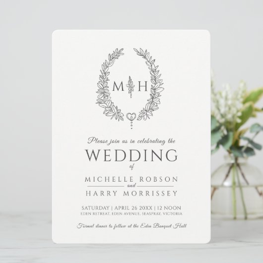 Leaf oval line art bruiloft donkergrijs en wit kaart (Staand voorkant)