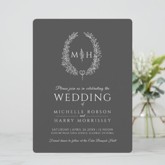 Leaf oval line art bruiloft donkergrijs en wit kaart (Staand voorkant)