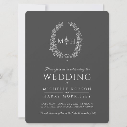 Leaf oval line art bruiloft donkergrijs en wit kaart (Voorkant)