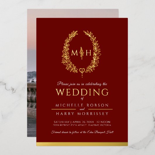 Leaf oval line art bruiloft foto groen rood goud folie uitnodiging (Voorkant / Achterkant)