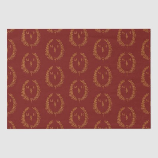 Leaf oval monogram tekening dark red gold bruiloft tissuepapier (Voorkant)