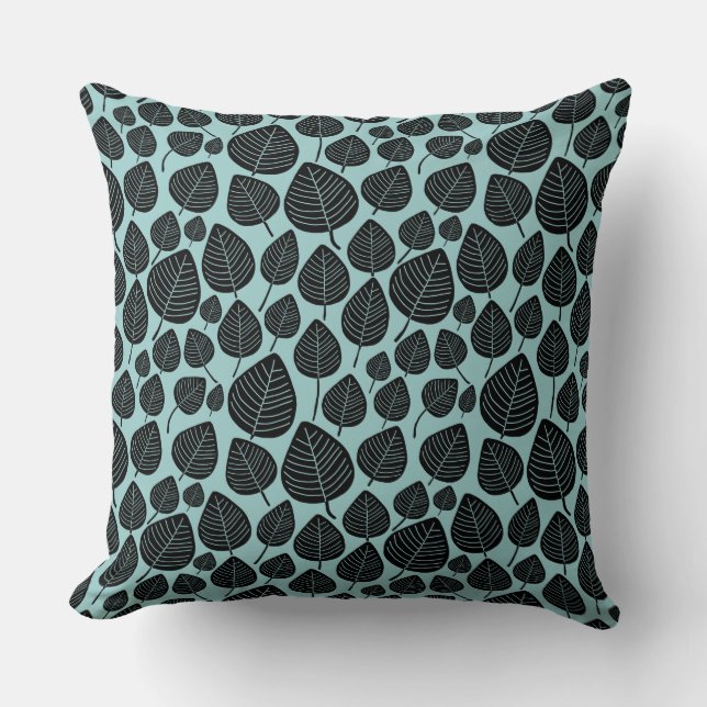Leaf Pattern 02 - Black on Light Blue Green Kussen (Voorkant)