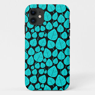 Leaf Pattern 02 - Cyaan op Black iPhone 11 Hoesje