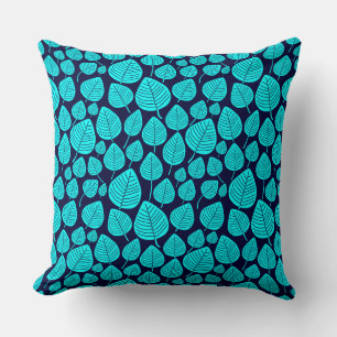 Leaf Pattern 02 - Cyaan op de Donkere marine Kussen