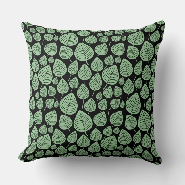 Leaf Pattern 02 - Faded Green op Black Kussen (Voorkant)