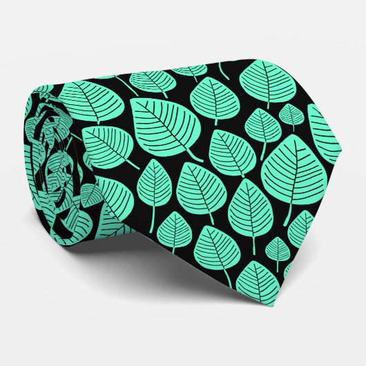 Leaf Pattern 02 - Turquoise on Black Stropdas (Opgerold)
