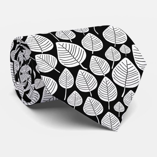 Leaf Pattern 02 - White on Black Stropdas (Opgerold)
