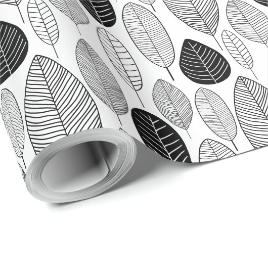 Leaf Pattern - Zwart op wit Cadeaupapier (Rol Hoek)