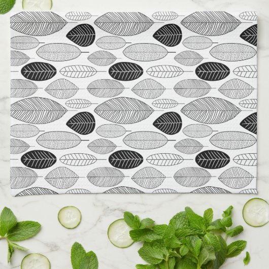Leaf Pattern - Zwart op wit Theedoek (Gevouwen)