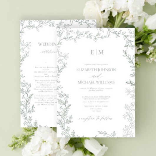 Leaf Sage Green Elegant Monogram Details Huwelijk Kaart