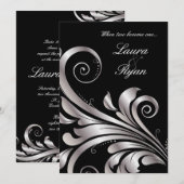 Leaf Swirl Wedding Invitation Black Silver Kaart (Voorkant / Achterkant)
