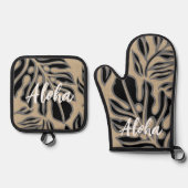 Leaf Tiki Black Hawaiian Tropical Ovenwant & Pannenlap Set (Voorkant)