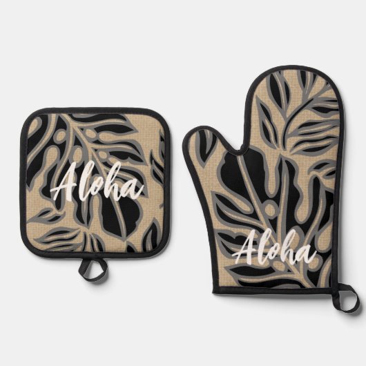 Leaf Tiki Black Hawaiian Tropical Ovenwant & Pannenlap Set (Voorkant)