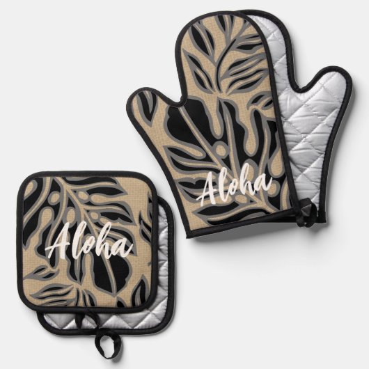 Leaf Tiki Black Hawaiian Tropical Ovenwant & Pannenlap Set (Voorkant / Achterkant)