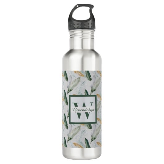 Leafy Boho Botanical Earthy Pattern Monogram Waterfles (Voorkant)
