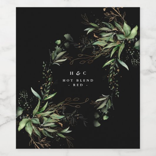 Leafy Botanical Eucalyptus Modern Black Branch Wijn Etiket (Enkel label)