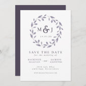 Leafy Elegance Blue & White Wreatmonogram Save The Date (Voorkant / Achterkant)