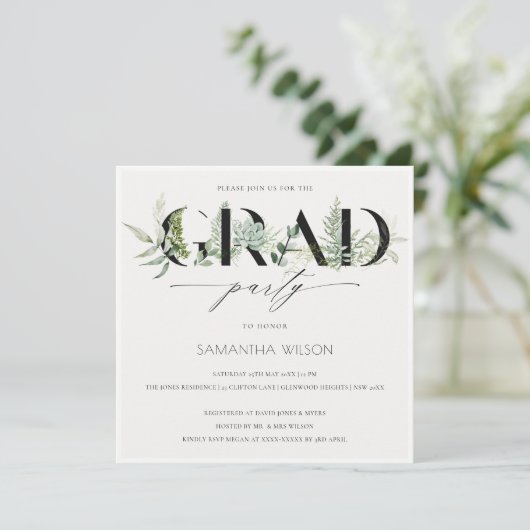 Leafy Fern Succulent Fauna Photo Afstuderen Invite Bedankkaart (Staand voorkant)